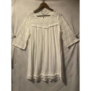UMGEE Lace & Fringe Trim White Crinkle Texture Mini Shift Dress Women's S Beachy